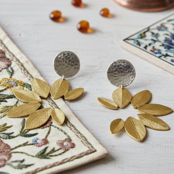 🆕️Turkish Stunning Handmade Artisan 18K Gold Plated Brass Fine Leaf Earrings - Picture 11 of 11